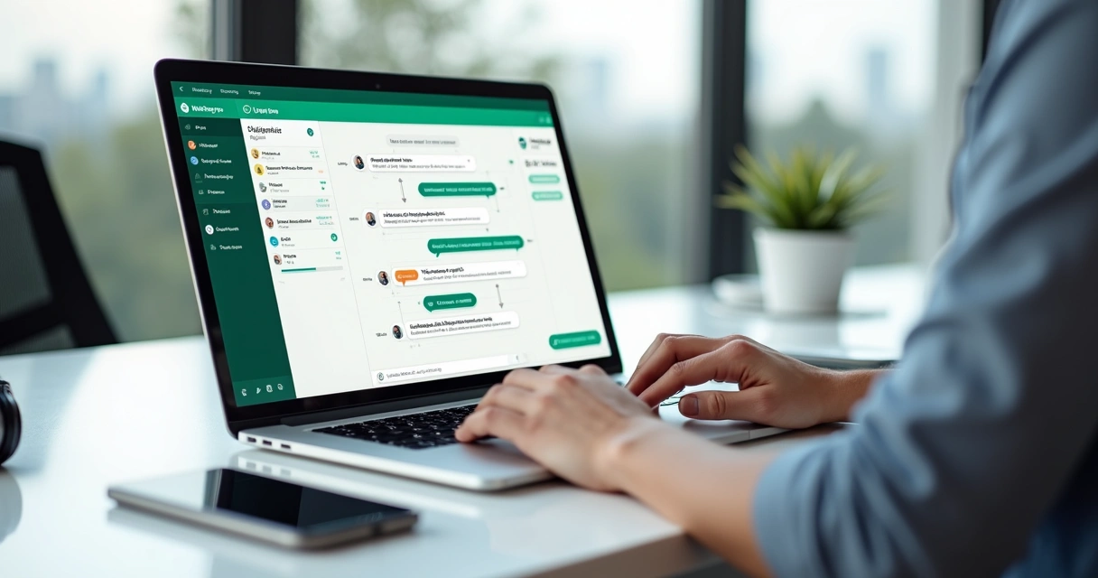 Profissional de marketing acompanhando automações personalizadas no WhatsApp em vários fluxos na tela do notebook 