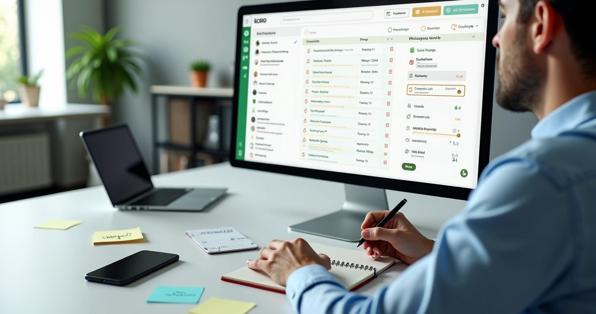 Profissional de marketing revisando checklist digital para links de campanhas grandes em tela com grupos de WhatsApp 