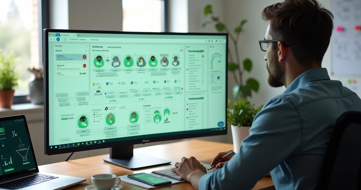 Profissional de marketing analisando tela com vários grupos de WhatsApp e funil de leads 